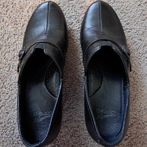 Dansko Black Leather Buckle Detail Clogs, Size 40